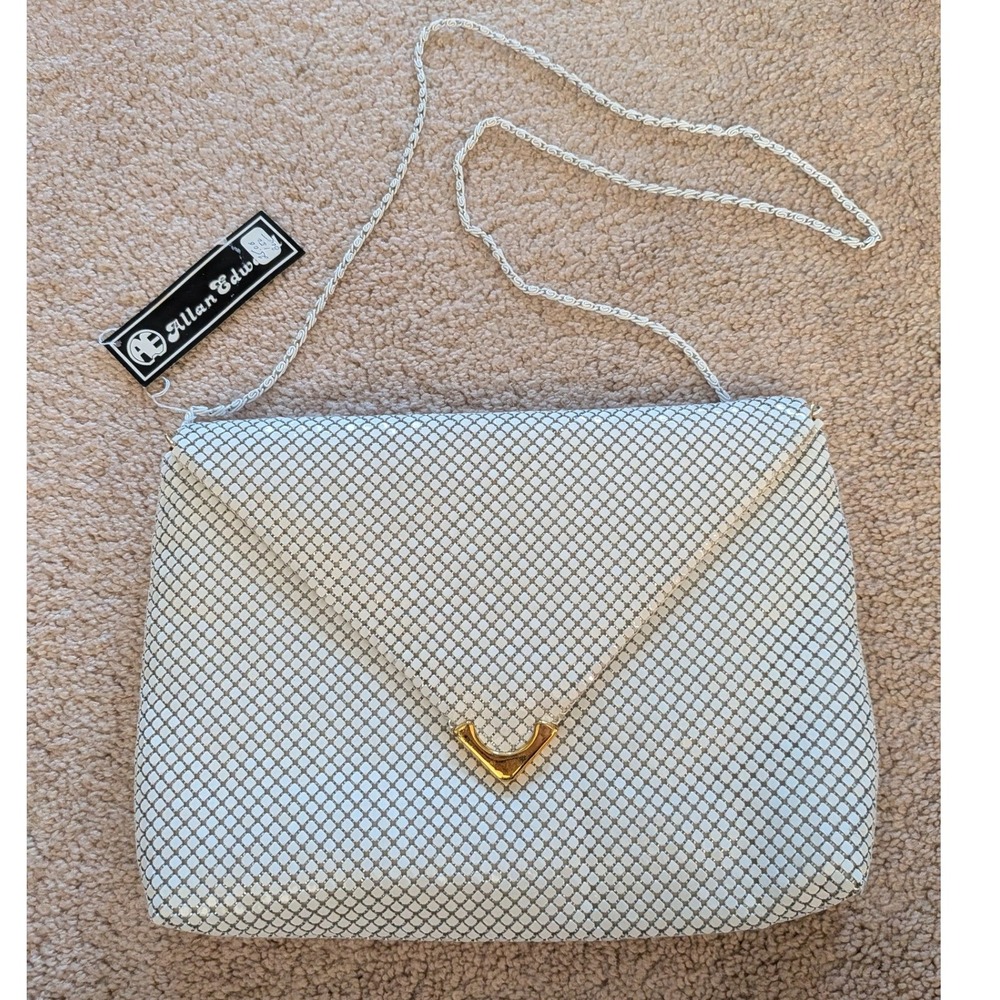 NWT Allan Imports Vintage-Style White Metal Mesh Envelope Evening Bag Gold Tone